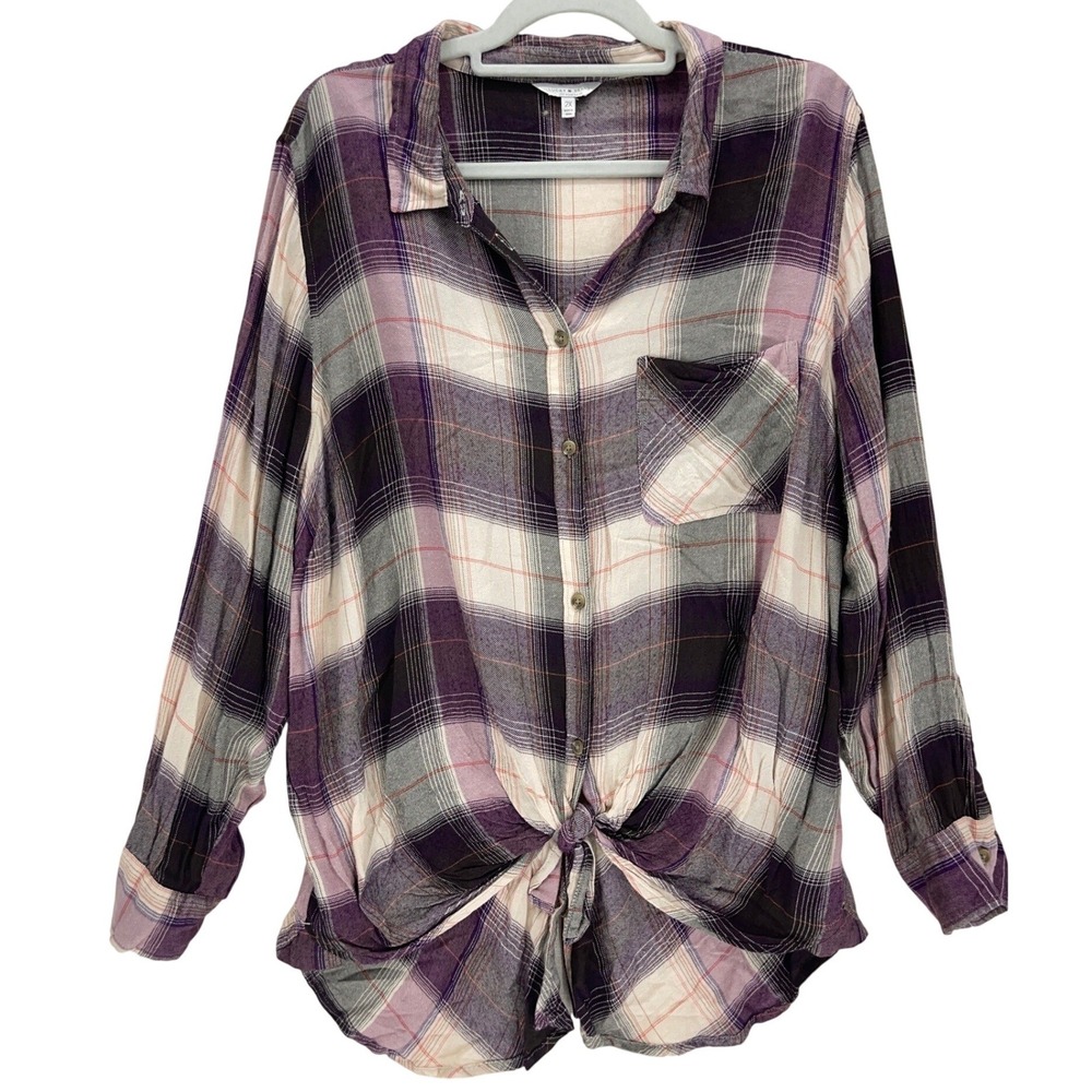 Lucky Brand Purple Plaid Tie Front Button Down Shirt 2X Long Sleeve Light Weight